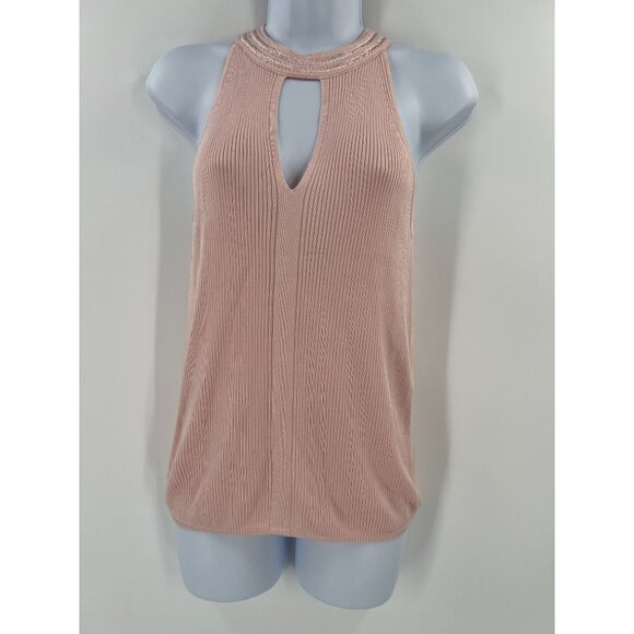 WHBM Medium Pink Ribbed Halter Top Sleeveless Keyhole Mock Neck Sweater Shell - Picture 11 of 11